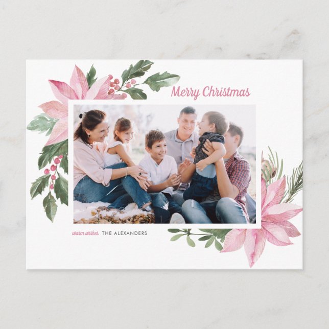 Cartes Pour Fêtes Annuelles Aquarelle rose Poinsettia Joyeux Noël Photo (Devant)
