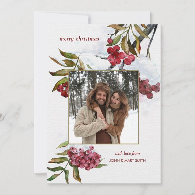 Cartes Pour Fêtes Annuelles Aquarelle rouge Baies d'hiver en photo neige (Devant)