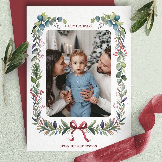 Cartes Pour Fêtes Annuelles Aquarelle rouge Bow Wirlande Photo de Noël (Créateur téléchargé)