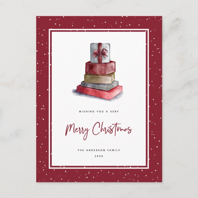 Cartes Pour Fêtes Annuelles Aquarelle rouge Cadeaux de Noël Neige (Devant)
