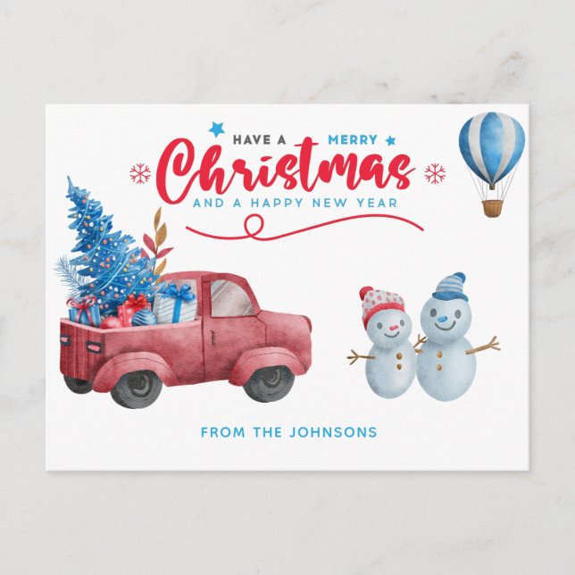 Cartes Pour Fêtes Annuelles Aquarelle Rouge Camion de Noël Scène de Noël (Devant)