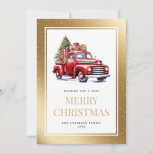 Cartes Pour Fêtes Annuelles Aquarelle Rouge Camion Or neige Noël