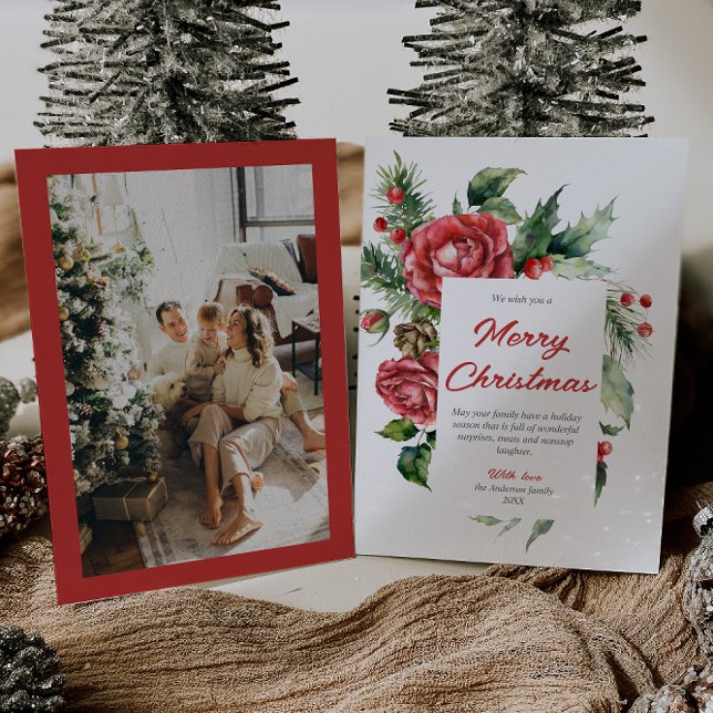 Cartes Pour Fêtes Annuelles Aquarelle Rouge Floral Berries Photo Noël (Créateur téléchargé)