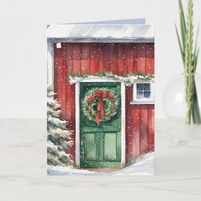 Cartes Pour Fêtes Annuelles Aquarelle Rouge Grange Avec Porte Verte (Devant)