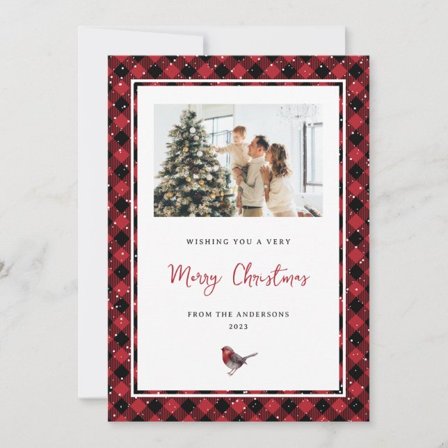 Cartes Pour Fêtes Annuelles Aquarelle rouge habillée Robin photo Noël (Devant)