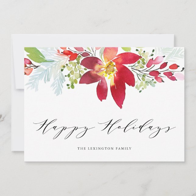 Cartes Pour Fêtes Annuelles Aquarelle rouge Noël Floral Garland Happy (Devant)