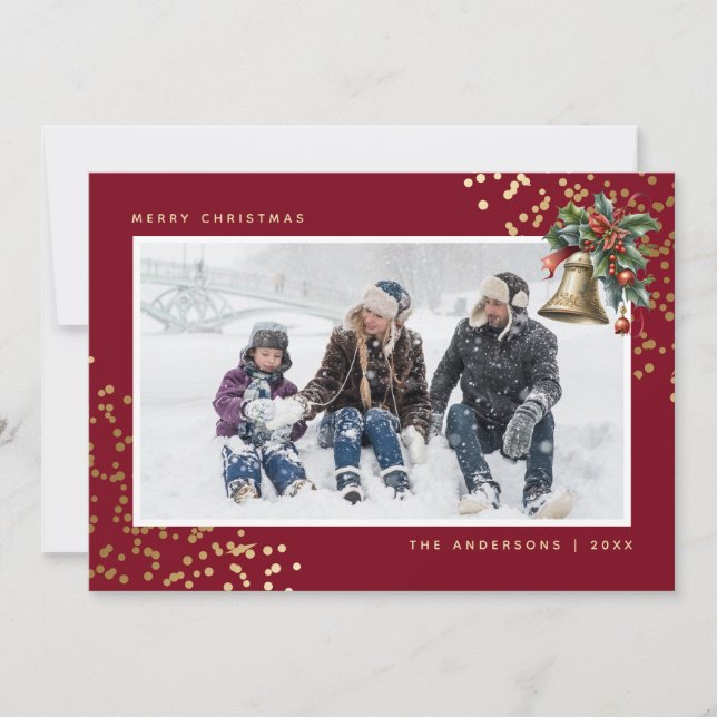 Cartes Pour Fêtes Annuelles Aquarelle Rouge or Holly Bell Photo Noël (Devant)