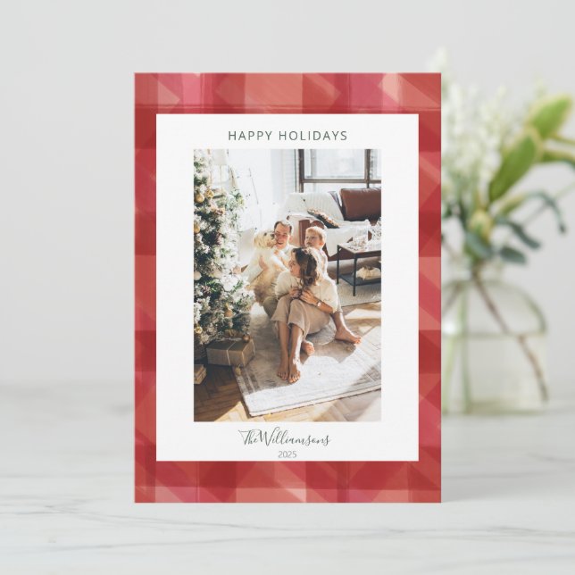 Cartes Pour Fêtes Annuelles Aquarelle rouge Plaid Russe Photo Noël (Debout devant)