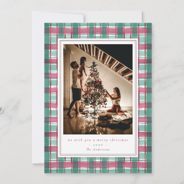 Cartes Pour Fêtes Annuelles Aquarelle rouge vert plaid Flanné Photo famille (Devant)