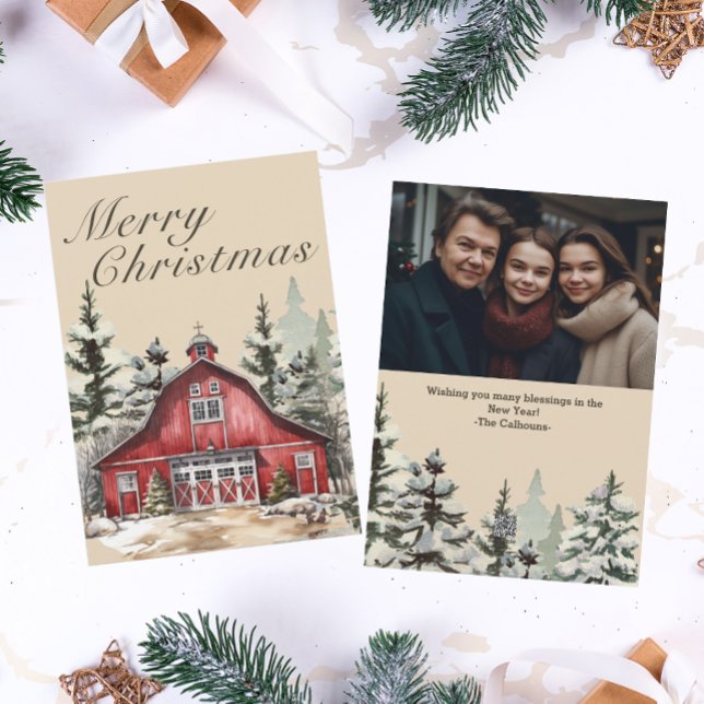 Cartes Pour Fêtes Annuelles Aquarelle rustique Pays Photo de Noël (Créateur téléchargé)