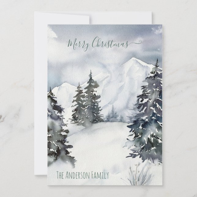 Cartes Pour Fêtes Annuelles Aquarelle rustique Snowy Mountain Pays Noël (Devant)
