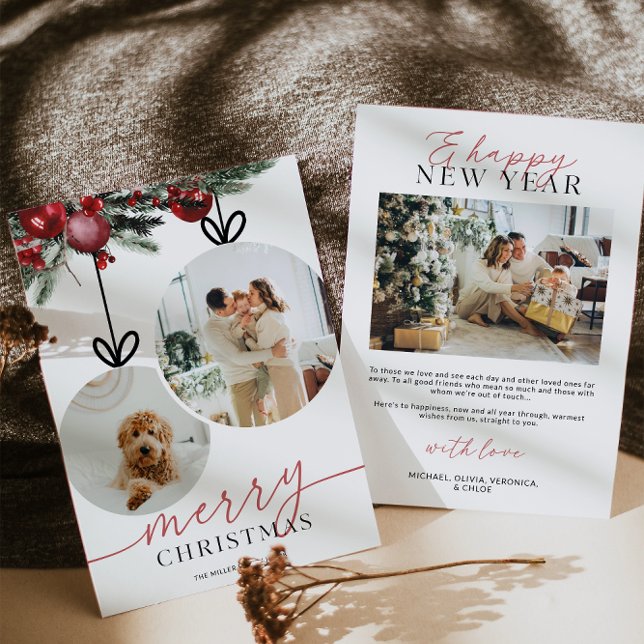 Cartes Pour Fêtes Annuelles Aquarelle rustique Verdure Photo famille (Rustic Watercolor Ornament Family Photo Christmas Card)