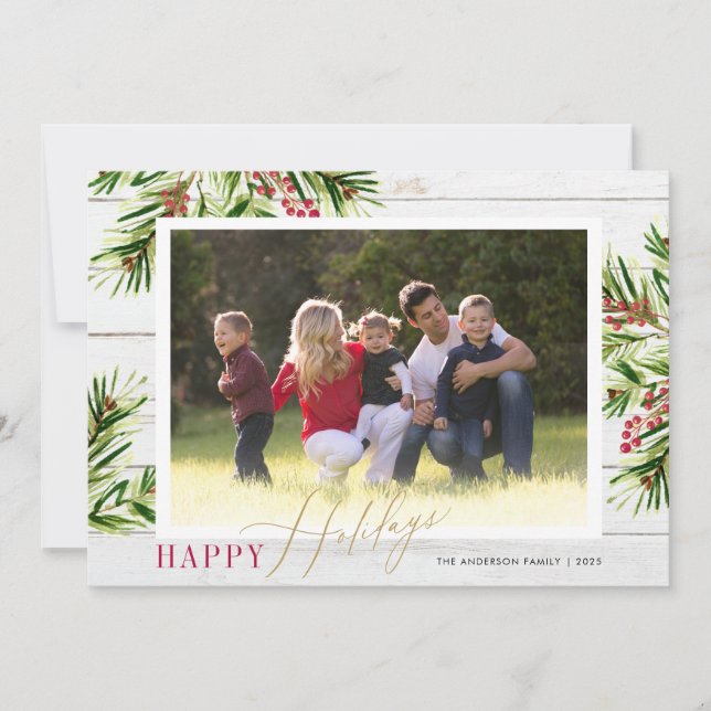 Cartes Pour Fêtes Annuelles Aquarelle rustique Verdure Photo Joyeuses Fêtes (Devant)
