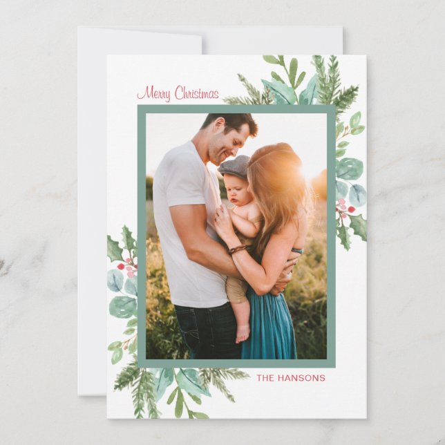 Cartes Pour Fêtes Annuelles Aquarelle rustique Verdure Photo Joyeux Noël (Devant)