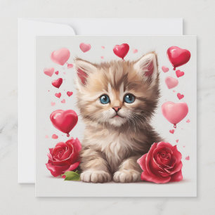Cartes Pour Fêtes Annuelles Aquarelle Saint Valentin Kitten avec Rose