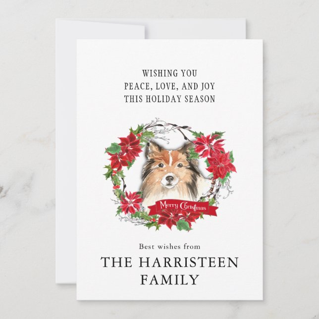 Cartes Pour Fêtes Annuelles Aquarelle Shetland Sheepdog Poinsettia Noël (Devant)