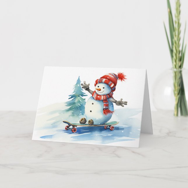 Cartes Pour Fêtes Annuelles Aquarelle Snowman De Noël Sur Un Ski (Devant)