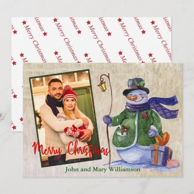 Cartes Pour Fêtes Annuelles Aquarelle Snowman Photo Noël (Devant / Derrière)