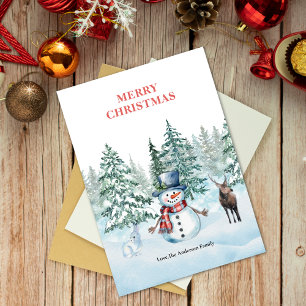 Cartes Pour Fêtes Annuelles Aquarelle Snowman Rabbit et Reinder Noël