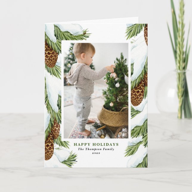 Cartes Pour Fêtes Annuelles Aquarelle Snowy Pinecones Happy Holidays Photo (Devant)