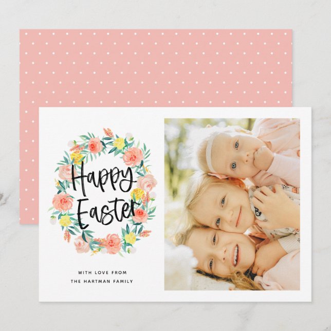 Cartes Pour Fêtes Annuelles Aquarelle stylée Floral Wreath Pâques Photo (Devant / Derrière)