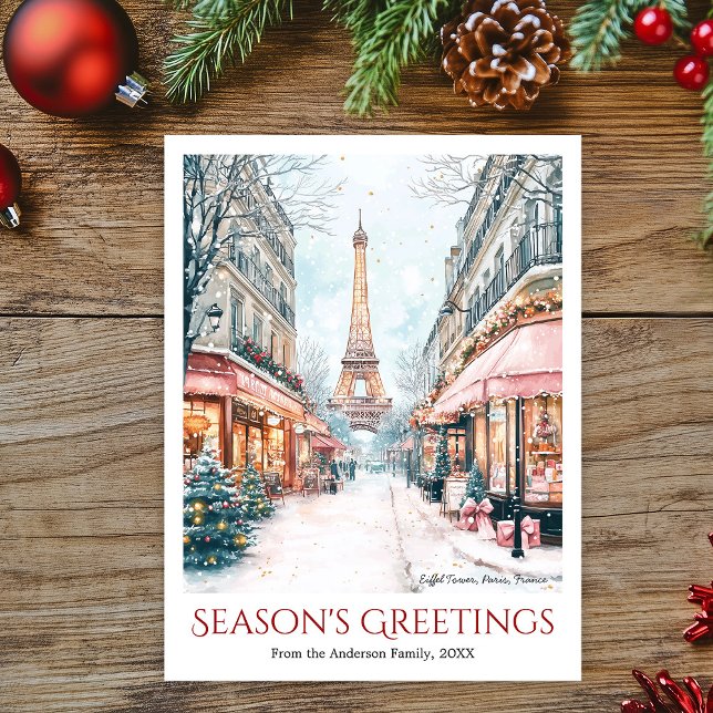 Cartes Pour Fêtes Annuelles Aquarelle Tour Eiffel Neige Paris France Voyage (Watercolor Eiffel Tower & snowy city street in Paris France Travel Holiday Postcard.)