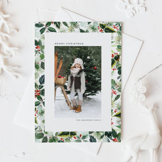 Cartes Pour Fêtes Annuelles Aquarelle Variée Winterberry Photo Noël (Botanical photo Christmas postcard featuring watercolor holly greenery.)