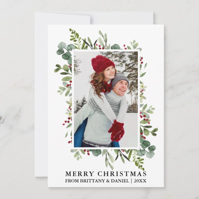 Cartes Pour Fêtes Annuelles Aquarelle Verdure Baies Couple Noël (Devant)