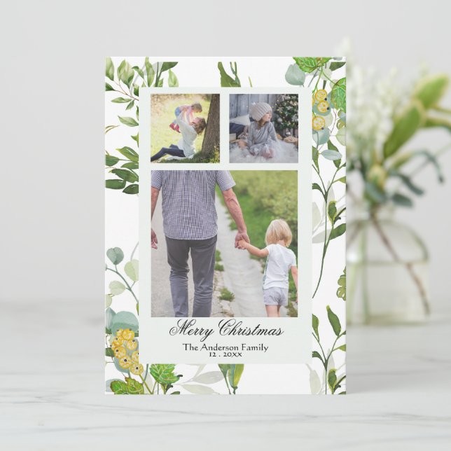 Cartes Pour Fêtes Annuelles Aquarelle Verdure et baies 3 Photo Noël (Debout devant)