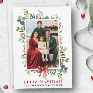 Cartes Pour Fêtes Annuelles Aquarelle Verdure Feliz Navidad Nœud Rouge