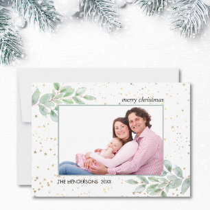 Cartes Pour Fêtes Annuelles Aquarelle Verdure Photo Gold Stars Noël