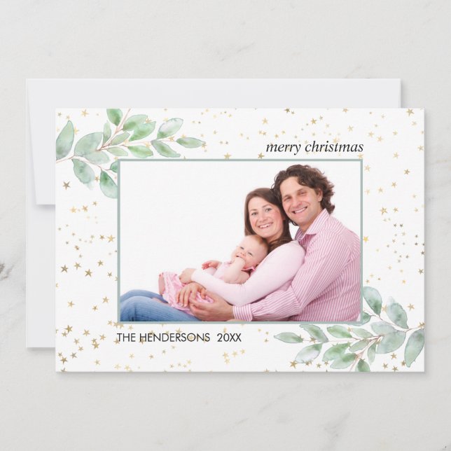 Cartes Pour Fêtes Annuelles Aquarelle Verdure Photo Gold Stars Noël (Devant)
