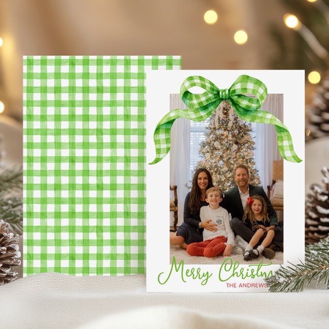 Cartes Pour Fêtes Annuelles Aquarelle Vert En vichy Bow Photo de Noël (Créateur téléchargé)