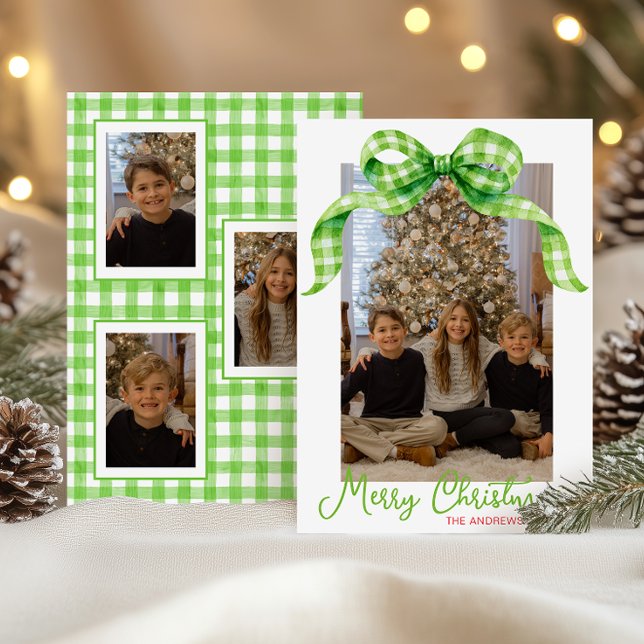 Cartes Pour Fêtes Annuelles Aquarelle Vert En vichy Bow Photo de Noël (Créateur téléchargé)