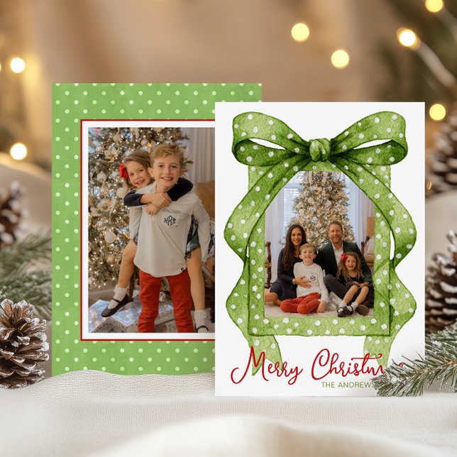 Cartes Pour Fêtes Annuelles Aquarelle Vert Polka Dot Bow Photo de Noël (Créateur téléchargé)
