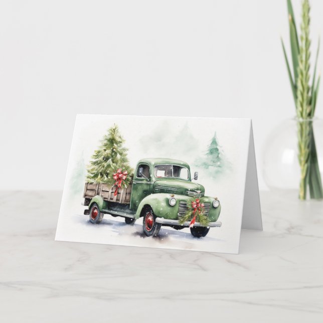 Cartes Pour Fêtes Annuelles Aquarelle Vert Rétro Chariot de Noël (Devant)
