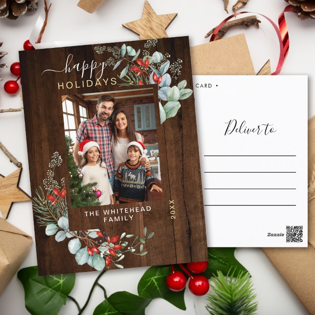 Cartes Pour Fêtes Annuelles Aquarelle verte Bois foncé rustique (You will love these beautiful Christmas cards! They feature botanical watercolor pine and berries.)