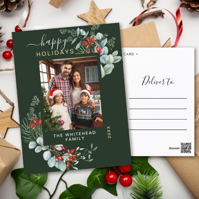 Cartes Pour Fêtes Annuelles Aquarelle verte Elégante forêt verte (You will love these beautiful Christmas cards! They feature botanical watercolor pine and berries.)