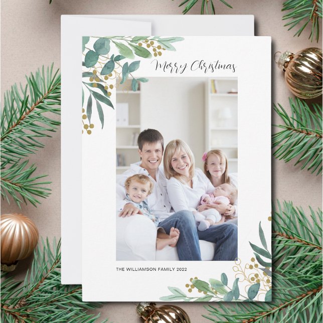 Cartes Pour Fêtes Annuelles Aquarelle verte Joyeux Noël Photo (Créateur téléchargé)