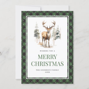 Cartes Pour Fêtes Annuelles Aquarelle verte Plaid Cerf Neige Joyeux Noël