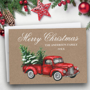 Cartes Pour Fêtes Annuelles Aquarelle Vintage Camion rouge Joyeux Noël Kraft