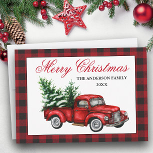 Cartes Pour Fêtes Annuelles Aquarelle Vintage Camion rouge Joyeux Noël Plaid