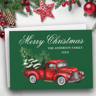 Cartes Pour Fêtes Annuelles Aquarelle Vintage Camion rouge Joyeux Noël Vert