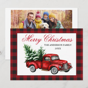 Cartes Pour Fêtes Annuelles Aquarelle Vintage Camion rouge Photo Noël Plaid