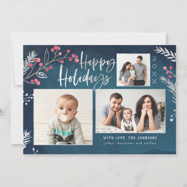 Cartes Pour Fêtes Annuelles Aquarelle Winterberries Silver Foil Pine (Devant)