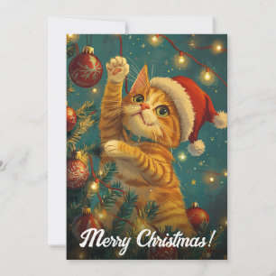 Cartes Pour Fêtes Annuelles Arbre à chat de Noël rétro avec texte personnalisé