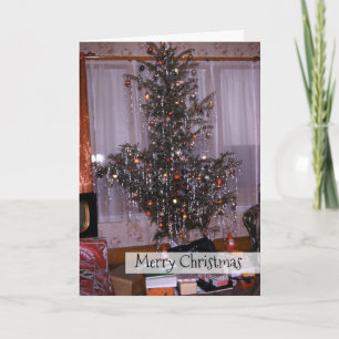 Cartes Pour Fêtes Annuelles Arbre à pin antique de Noël avec manteau et cadeau
