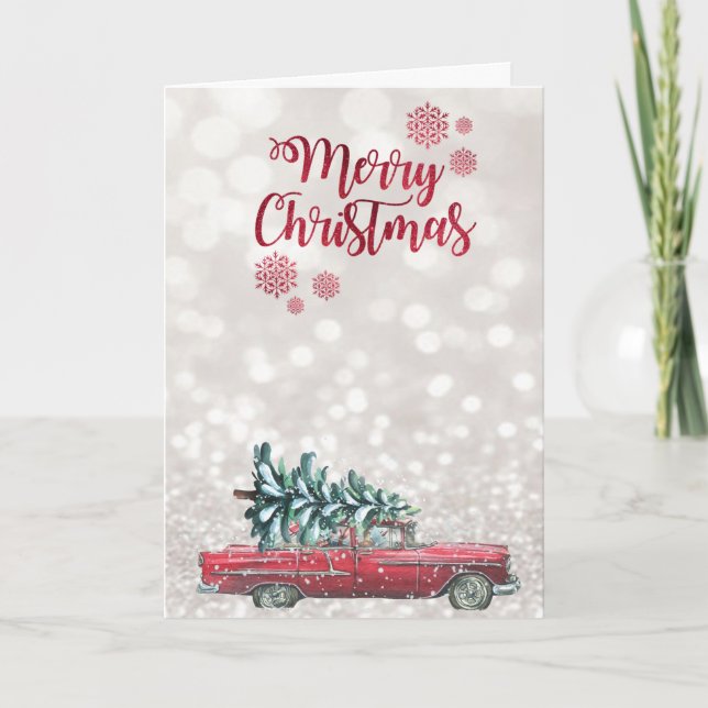 Cartes Pour Fêtes Annuelles Arbre à pin de voiture rétro, Glitter Bokeh (Devant)