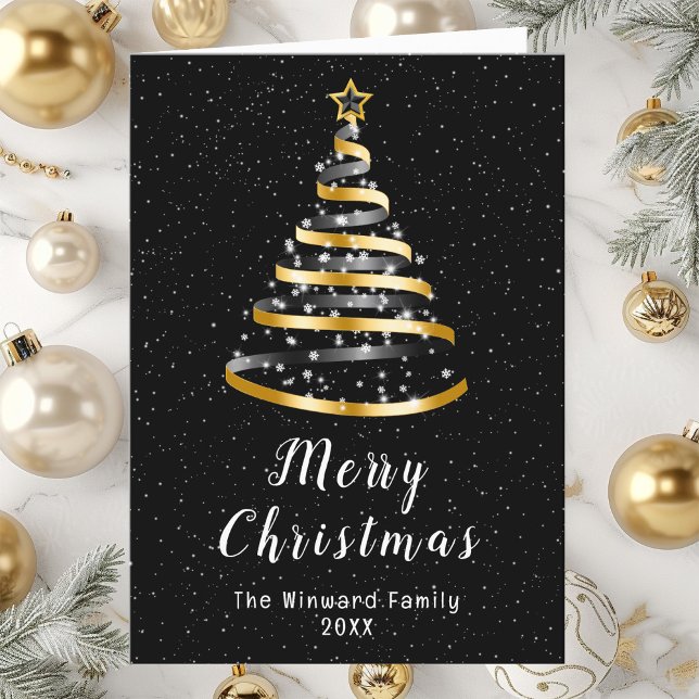 Cartes Pour Fêtes Annuelles Arbre à ruban noir or Joyeux Noël (Créateur téléchargé)
