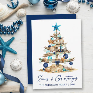 Cartes Pour Fêtes Annuelles Arbre aquarelle Côtes marines et salutations Bleu